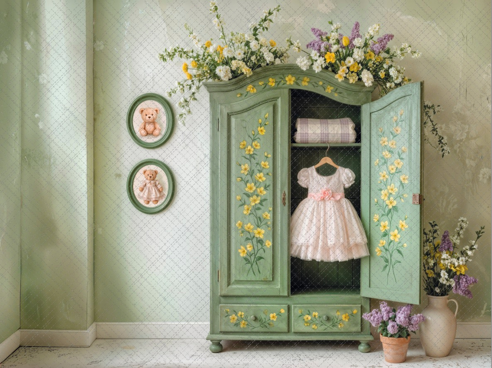 Шкаф с платьем и цветы - фон неопреновый