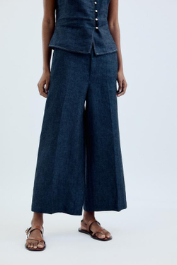 ZARA ЛЬНЯНЫЕ БРЮКИ-КЮЛОТЫ, ИНДИГО