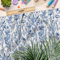 Ткань интерлок цветы голубого и синего оттенка