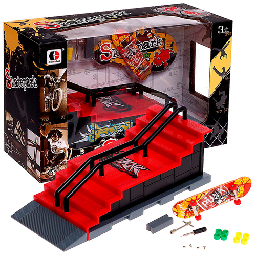 Скейтпарк: ступени с перилами и фингерборд