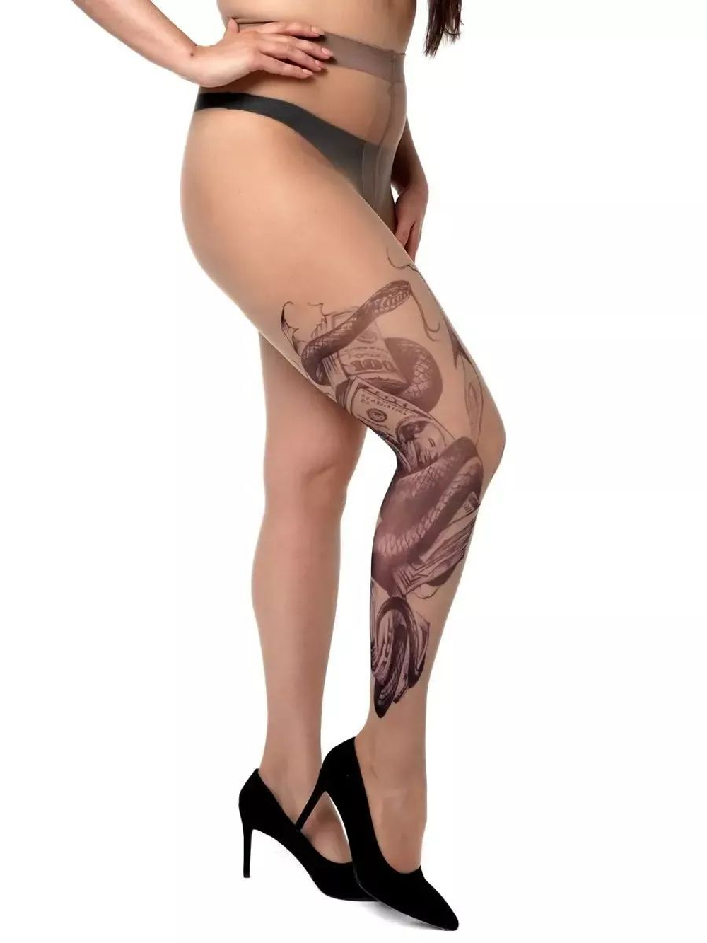 Колготки +size с имитацией тату в виде змеи (Размер: XL-XXL-XXXL) (Цвет: бежевый)