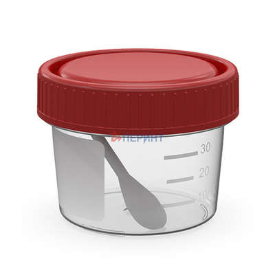 Контейнер для биоматериалов 60 мл с ложкой, стерильный с крышкой (полимерный)