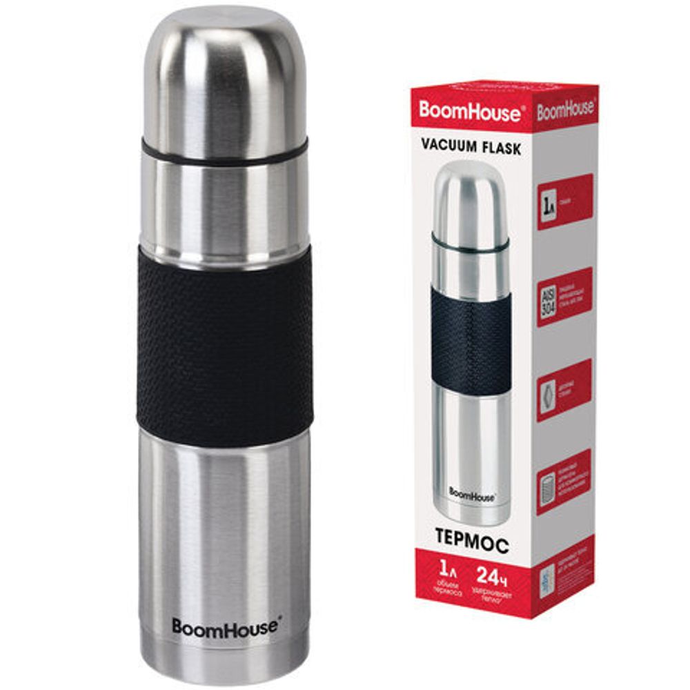 Термос 1 л, BOOMHOUSE (БУМХАУС) CLASSIC, нержавеющая сталь SUS304, черный силиконовый рукав, крышка/кружка, 700308