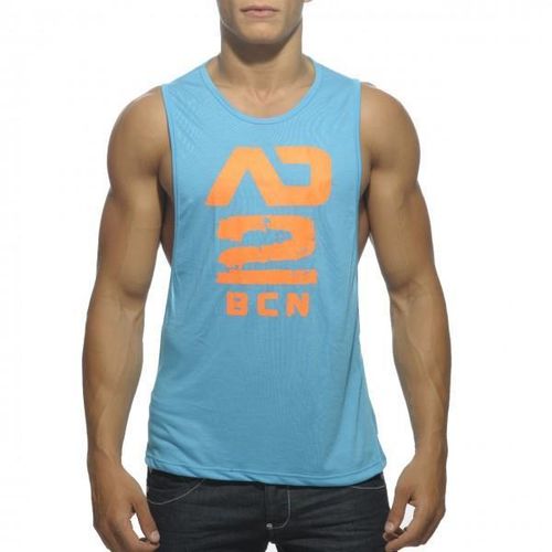 Мужская майка бирюзовая с оранжевыми буквами Addicted AD362