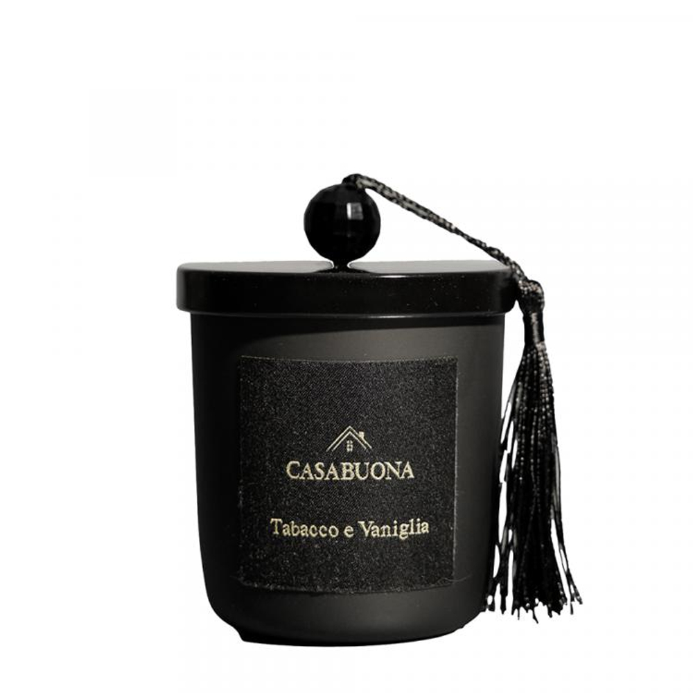 Парфюмерная свеча в стеклянном стакане черная с кристаллом Tabacco e Vaniglia "Табак и Ваниль" 200 г