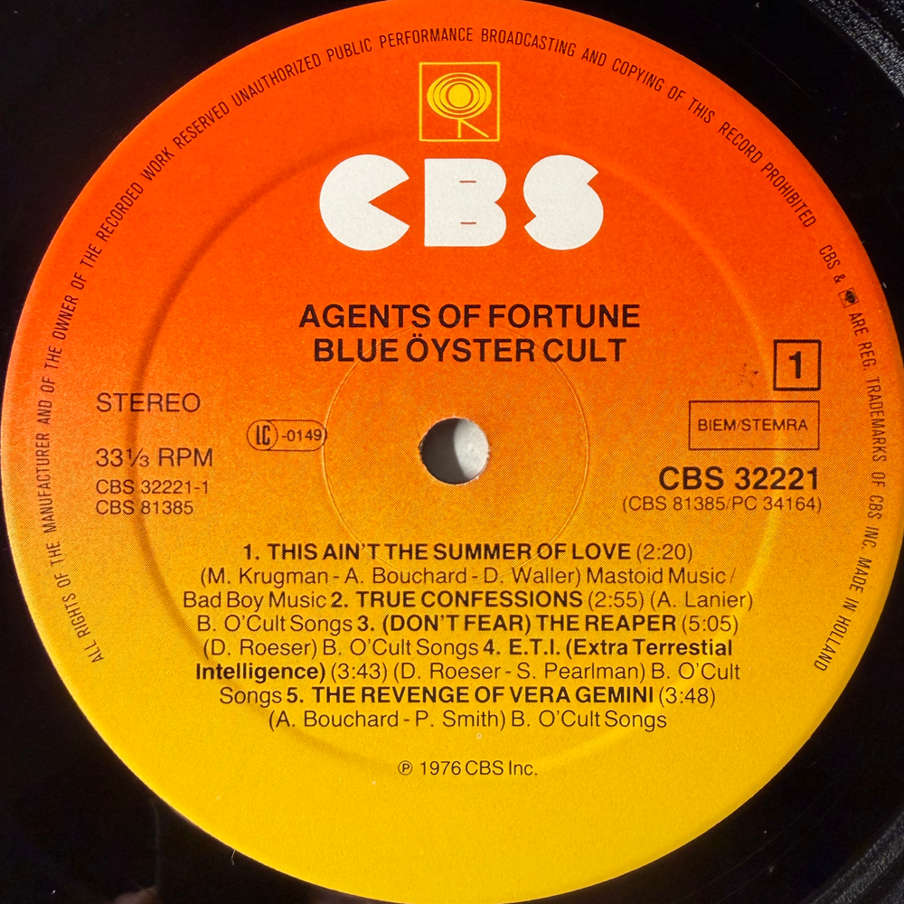 Blue Öyster Cult ‎– Agents Of Fortune (Голландия 1982г.) Т