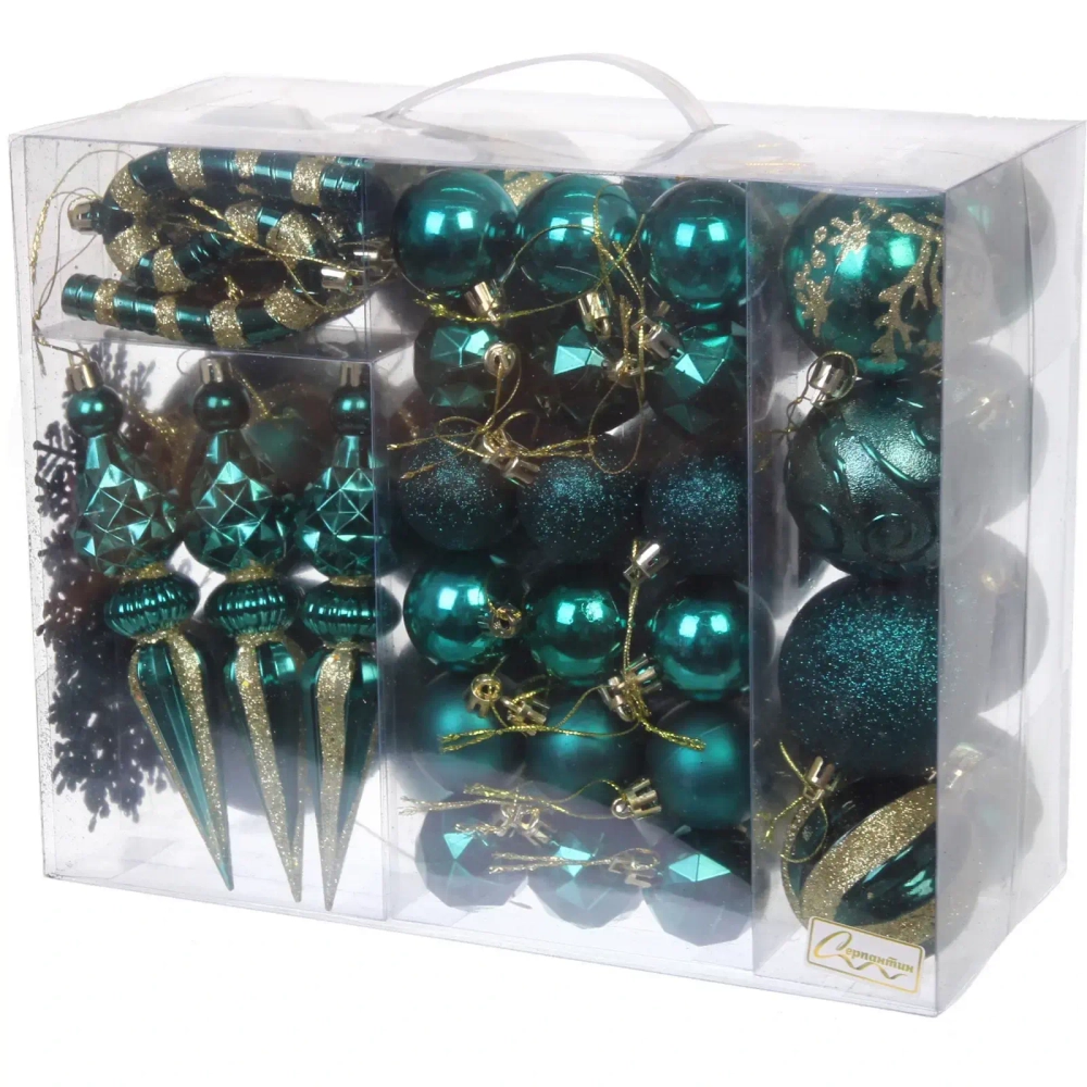 Набор ёлочных украшений «Wish» 6 см + 4 см (53 предмета), Изумруд