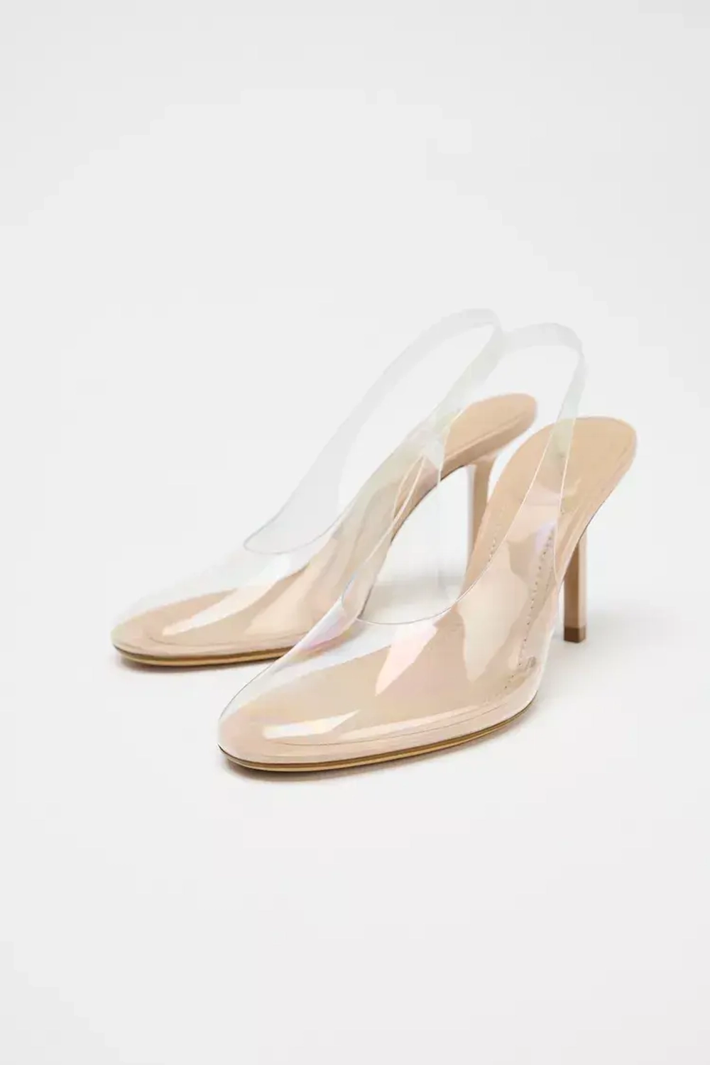 ZARA ВИНИЛОВЫЕ ТУФЛИ-МЮЛИ НА КАБЛУКЕ, СВЕТЛО-БЕЖЕВЫЙ