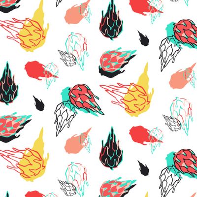 Яркий узор с дракон-фруктом на белом фоне