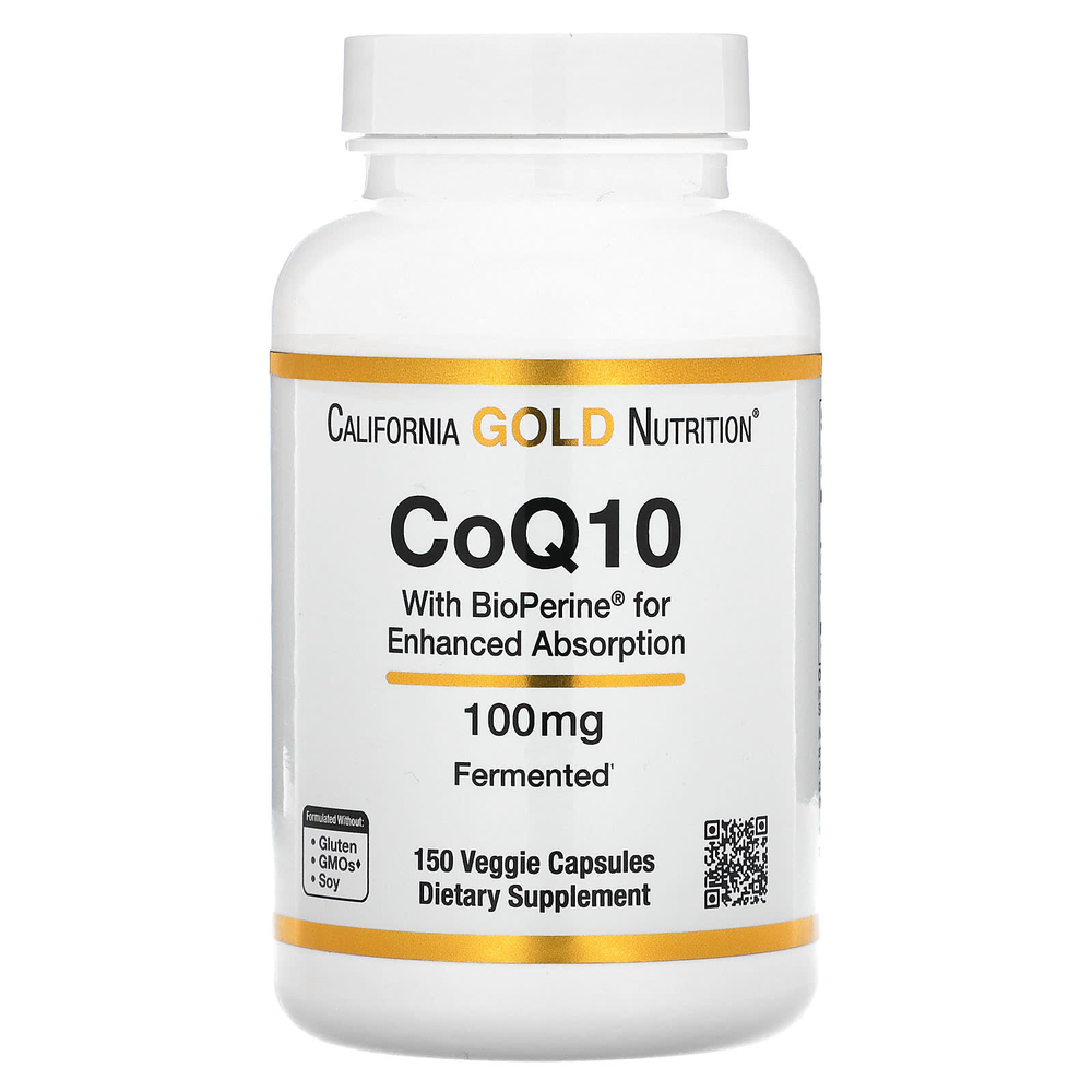 California Gold Nutrition, коэнзим Q10, убихинон класса USP с экстрактом чёрного перца Bioperine®, улучшенная биодоступность, 100 мг, 150 растительных капсул