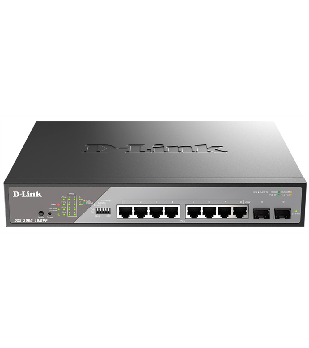 Коммутатор D-Link Smart L2 Surveillance Switch 8х1000Base-T PoE 802.3bt 90W, 2x1000Base-X SFP, PoE Budget 242W, Long-range PoE up to 250m