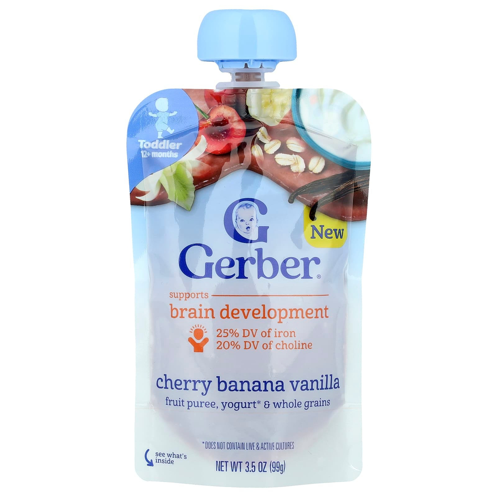 Gerber, Фруктовое пюре, йогурт и цельнозерновые, от 12 месяцев, вишня, банан и ваниль, 99 г (3,5 унции)