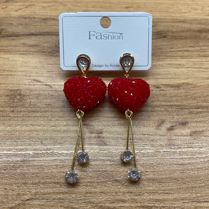 Серьги-гвоздики капля кристалл кргуг Красное сердце подвеска 2 палочки кристалл металл золотистый