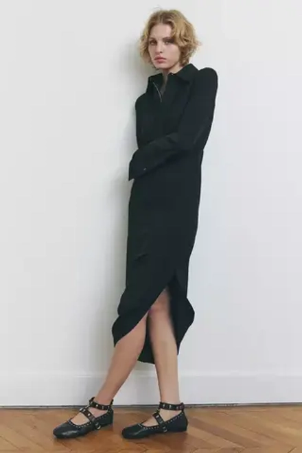ZARA ПЛАТЬЕ МИДИ С ВОРОТНИКОМ ПОЛО И ЗАСТЕЖКОЙ-МОЛНИЕЙ, ЧЕРНЫЙ