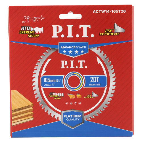 Диск пильный по дереву P.I.T. 165x20x1,4 мм, 20T Carbide, зуб ATB 15° (ACTW14-165T20)