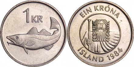 Исландия 1 крона, 1981-1987 Треска XF