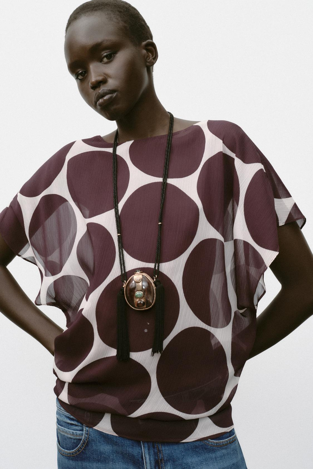 ZARA ПОЛУПРОЗРАЧНЫЙ ТОП В ГОРОШЕК, ЭКРЮ/ГРАНАТОВЫЙ