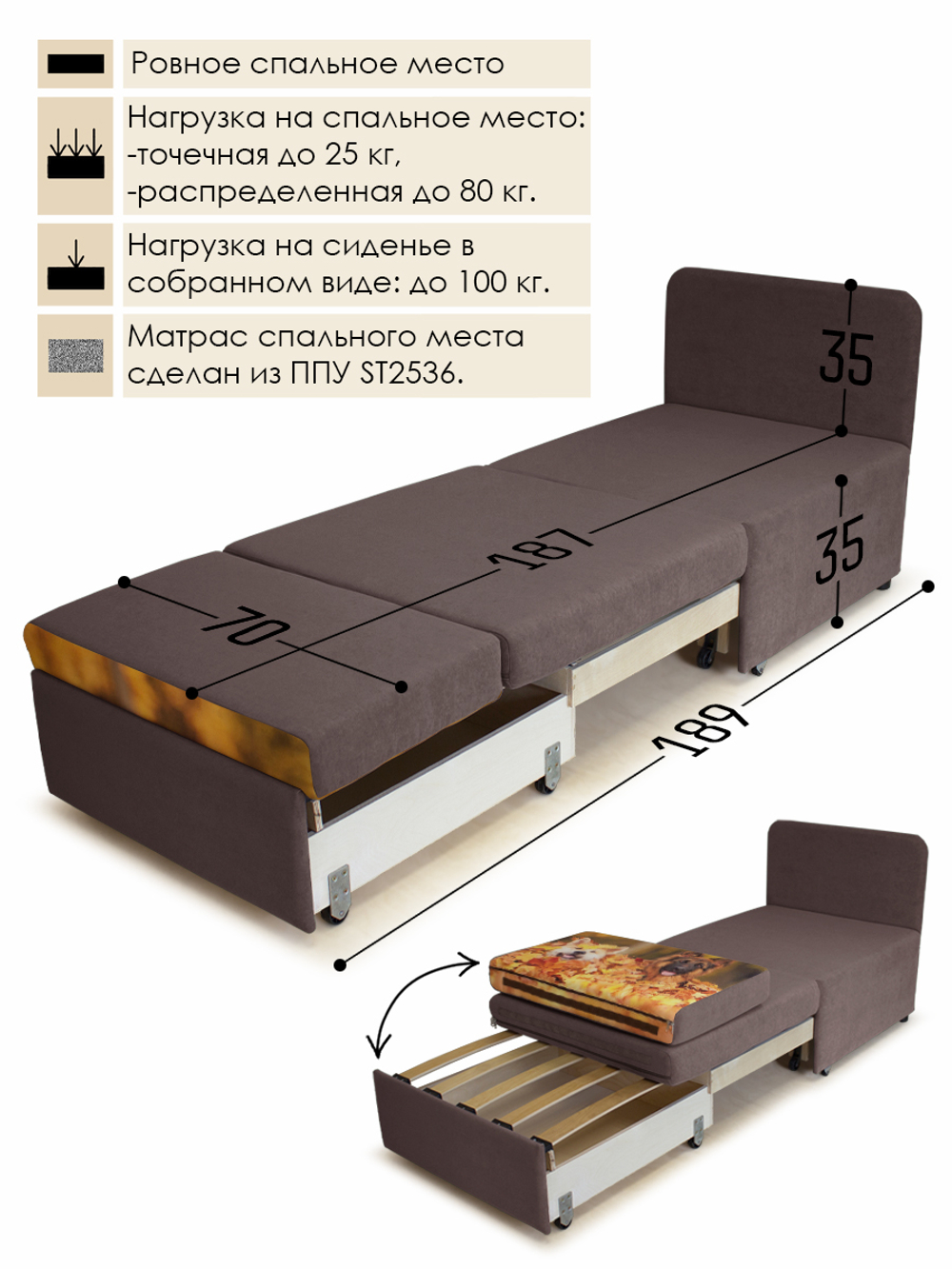 Кресло-кровать "Миник" 70 см, купон Собаки