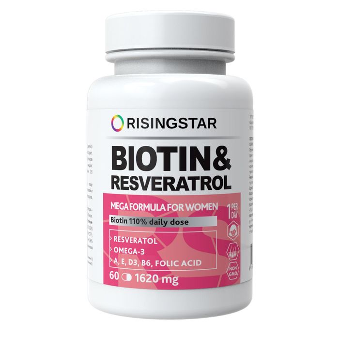 Биотин и фолиевая кислота с Омега-3, Biotin &amp; resveratrol, Risingstar, 60 капсул