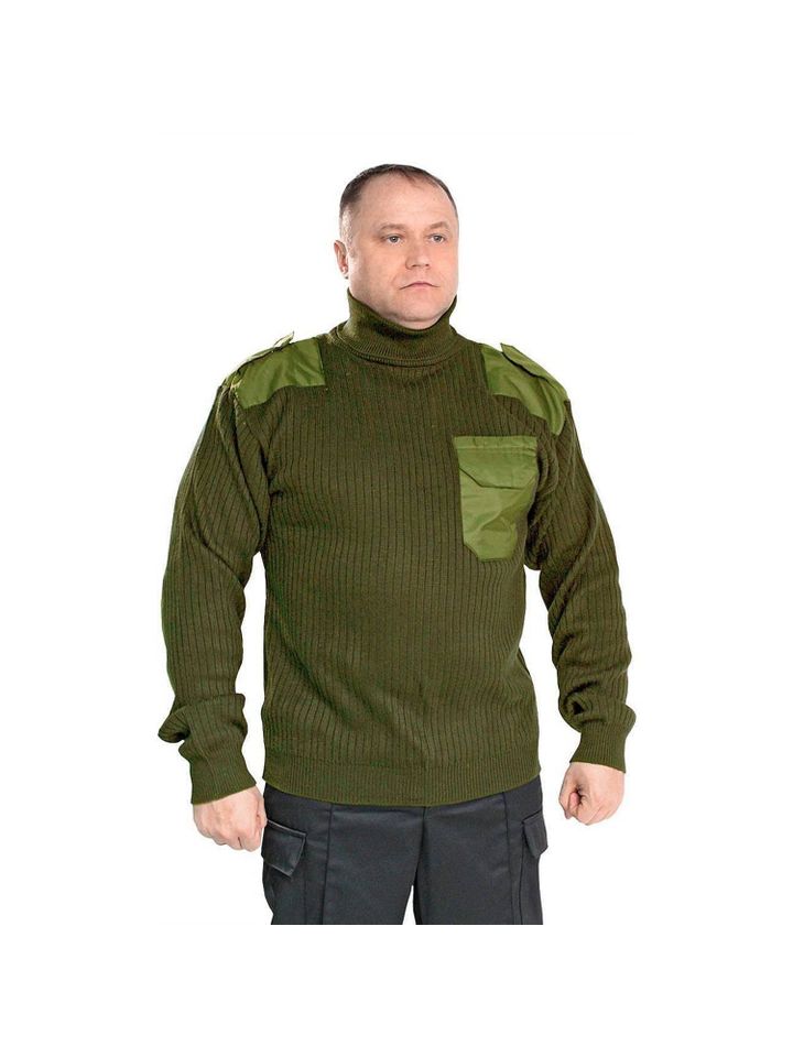 Свитер с накладками п/ш (олива, ворот с отворотом)