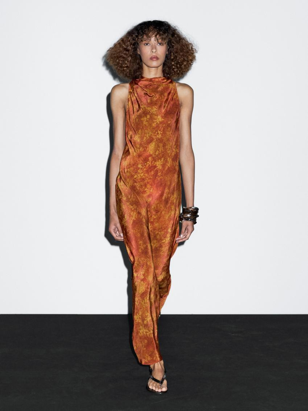 Massimo Dutti Длинное платье из струящейся ткани с принтом, оранжевый