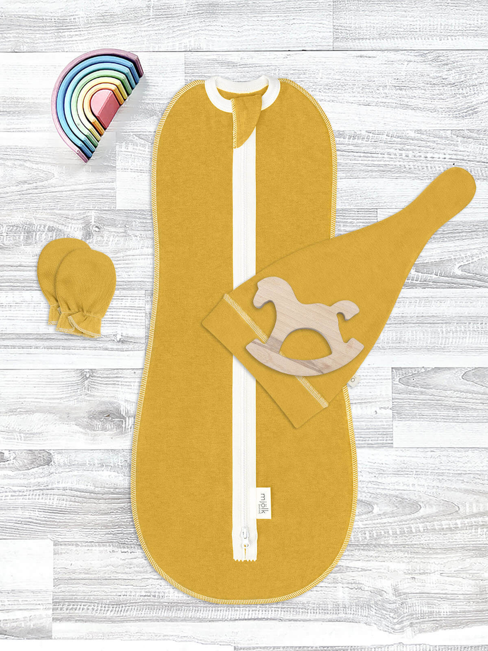 Комплект для новорожденного Mjölk Mustard {пеленальный кокон, шапочка, антицарапки}