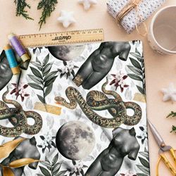 Ткань шифон коллаж из скульптур, полной луны и змей