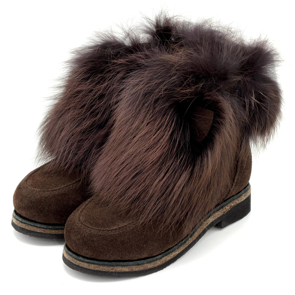 Унты-ботиночки женские из замши и лисы &quot;медиум тауп&quot;