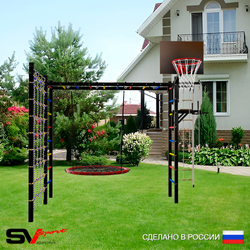 Уличная шведская стенка Sv Sport рукоход с комплектом турник прямой У5244.2К (Турник/Брусья/Гнездо 115см/Щит баскет/Канат/кольца/лестница/Сетка)