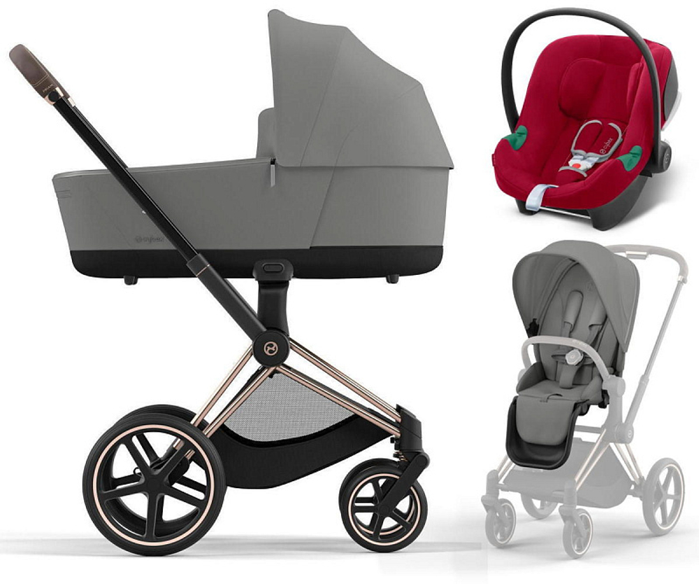 Коляска 3 в 1 Cybex Priam IV Rosegold complete и автокресло Aton B2 i-Size Dynamic Red Mirage Grey