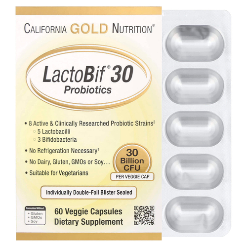 California Gold Nutrition, LactoBif® 30, пробиотики, 30 млрд КОЕ, 60 растительных капсул