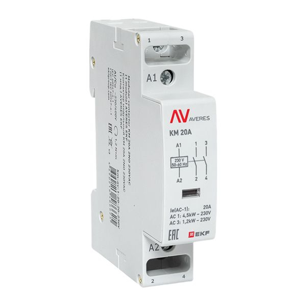 Контактор модульный КМ 20А 2NО 230VAC (1 мод.) AVERES EKF (кратно 1)