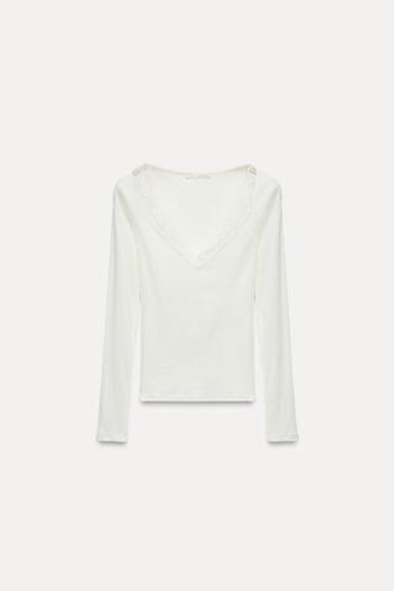 ZARA ТОП В РУБЧИК С КРУЖЕВНОЙ ОТДЕЛКОЙ, ЖЕЛТОВАТО-БЕЛЫЙ