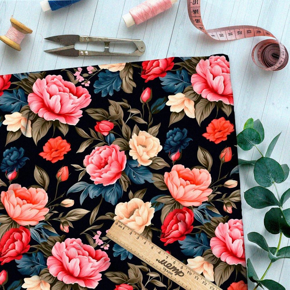 Ткань премиум габардин ночные розы