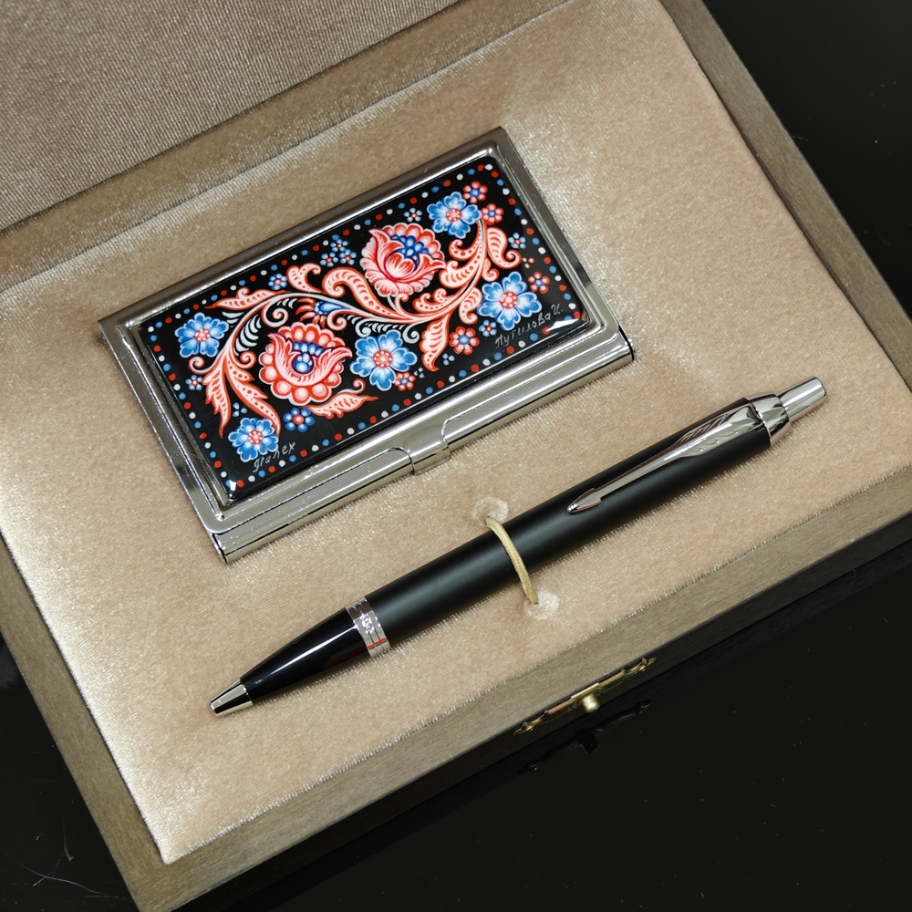 Набор "Русские узоры" №2 визитница персональная с ручной росписью, ручка Parker