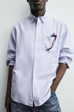 ZARA РУБАШКА С ФАКТУРНОЙ ОТДЕЛКОЙ, БЕЛЫЙ/НЕБЕСНО-ГОЛУБОЙ