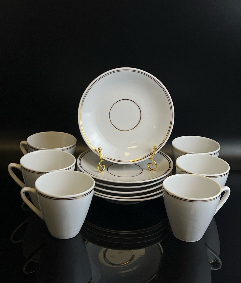 Кофейные пары набор на 6 персон фарфоровые с декором золотая лента, made in Korea, Корея винтаж времен СССР 1970-1991 гг 7/