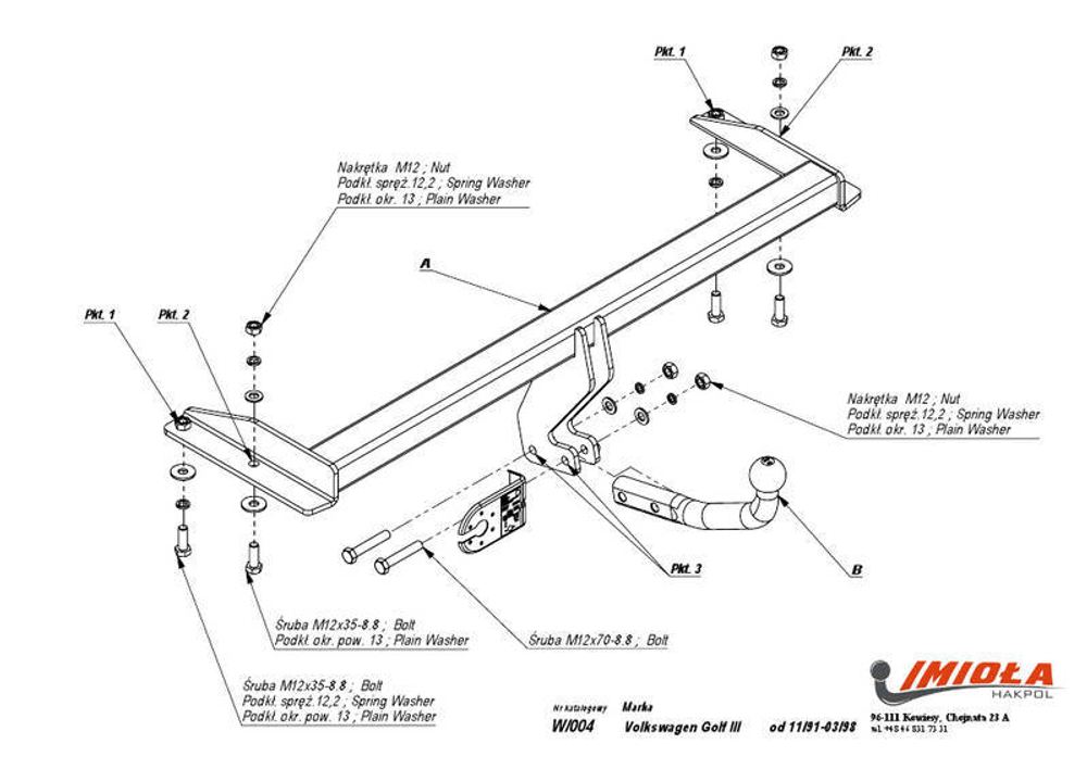 Фаркоп IMIOLA W.004 Volkswagen Golf хетчбек 1991-1998(паспорт и сертификат в комплекте)(без электрики)