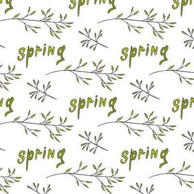 веточки и надписи spring на белом фоне