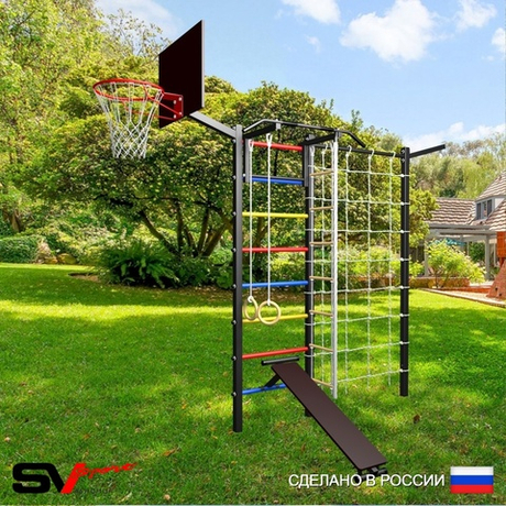 Уличная шведская стенка Sv Sport с комплектом турник прямой У432К (Турник/Скамья/Канат/кольца/лестница/Кронш бокс/Щит баскет/Сетка)