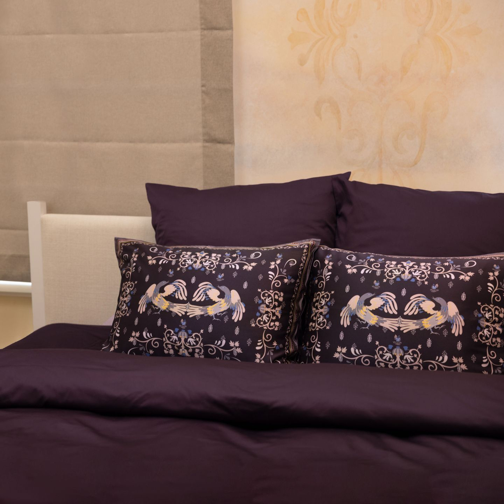 Наволочка 50x70 Mollen Мезенская роспись ежевично-черная шелковая