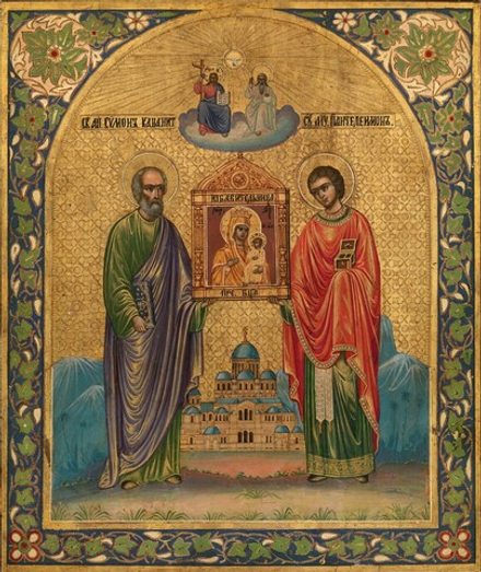 Избавительница икона Божией Матери со святыми: Симон Кананит и Пантелеимон деревянная на левкасе