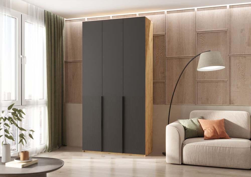 Шкаф для одежды распашной с полками и штангой 3 створки Браш Вайт/Дуб Крафт 120х 51х 240 см