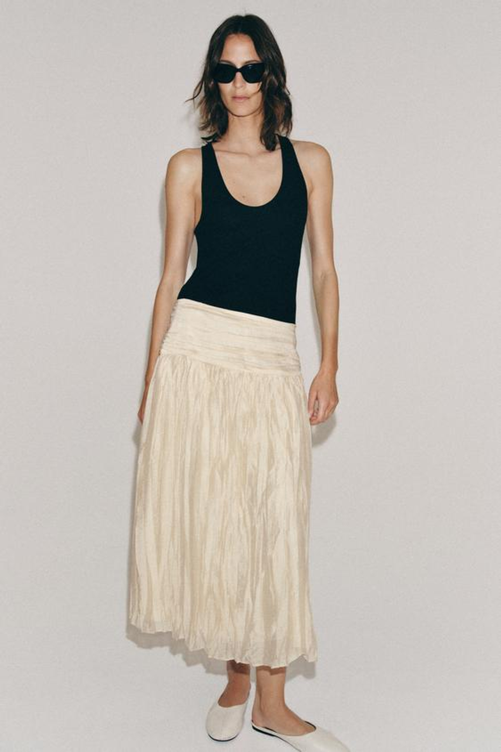 ZARA ЮБКА МИДИ С ДРАПИРОВКОЙ — ZW COLLECTION, БЕЖЕВЫЙ
