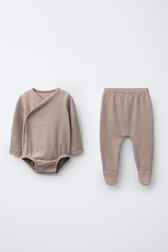 ZARA КОМПЛЕКТ БОДИ И ПОЛЗУНКОВ МЕЛАНЖ, КОРИЧНЕВЫЙ МЕЛАНЖ