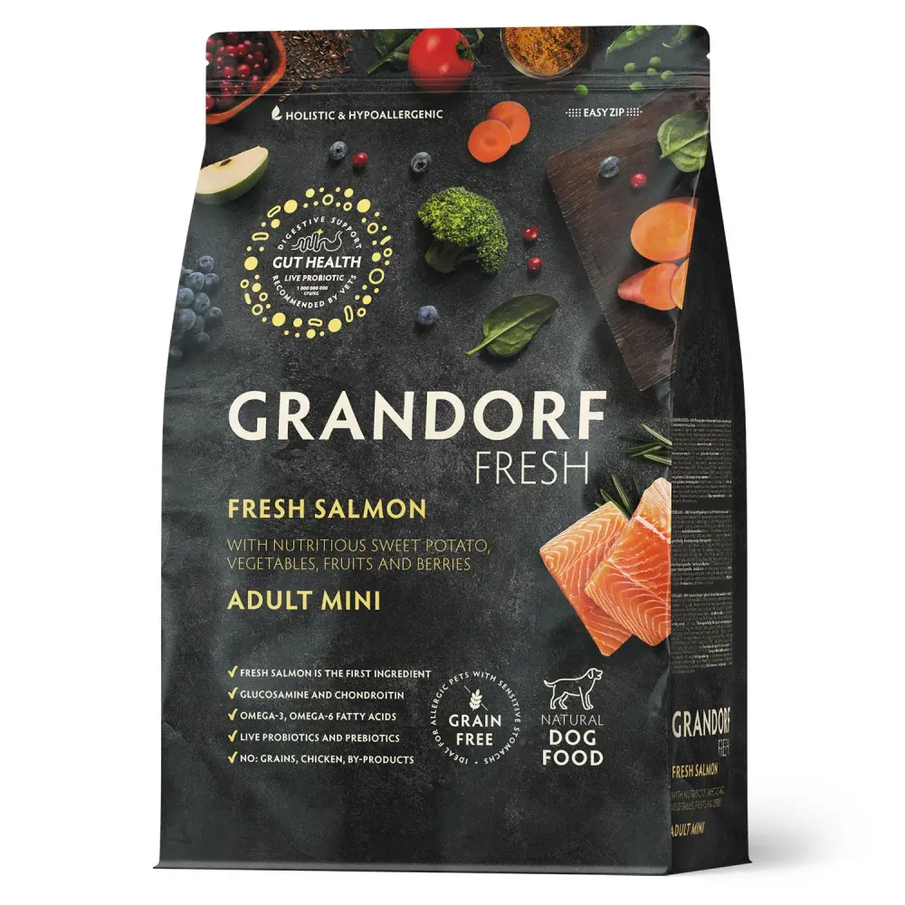 Уценка! Повр.упак. / Сухой корм GRANDORF Fresh Dog Adult MINI Salmon&Sweet Potato для собак мелких пород из свежего филе лосося с бататом