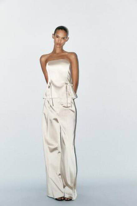 ZARA АТЛАСНЫЕ БРЮКИ С ВЫСОКОЙ ПОСАДКОЙ, БЕЖЕВЫЙ