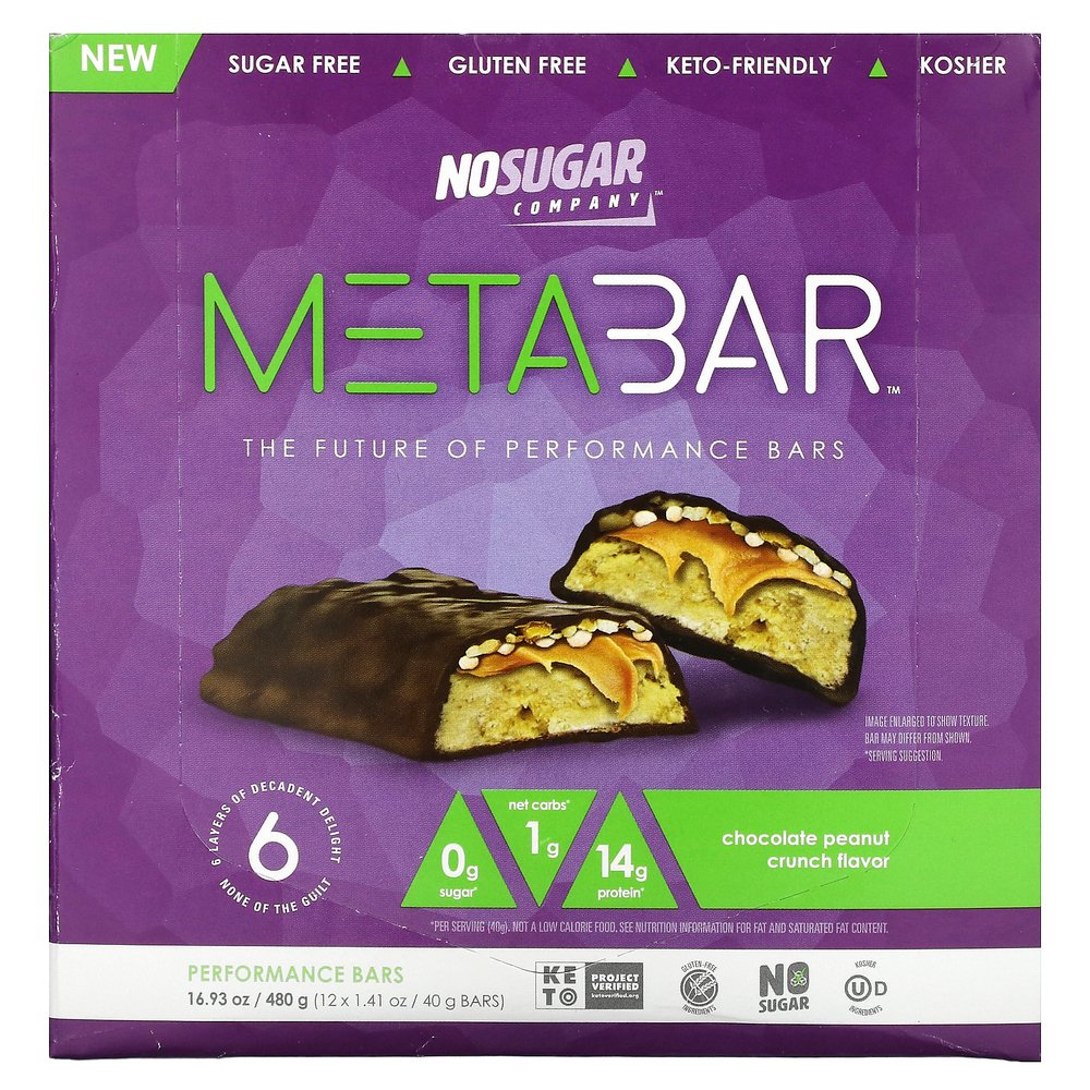 No Sugar Company, MetaBar, шоколадно-арахисовый кранч, 12 батончиков, по 40 г (1,41 унции)