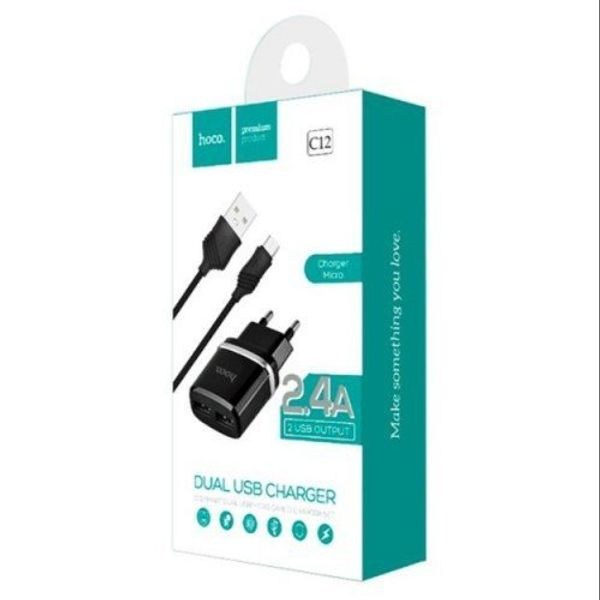 Адаптер питания Hoco C12 Smart dual USB charger set + Cable Type-C (2USB: 5V max 2.4A) Черный