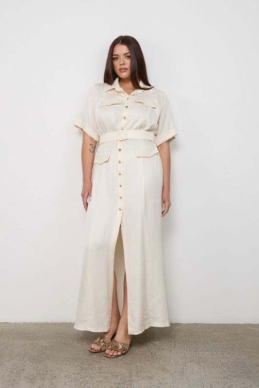 Платье-рубашка из премиального льна с вышивкой, молочный